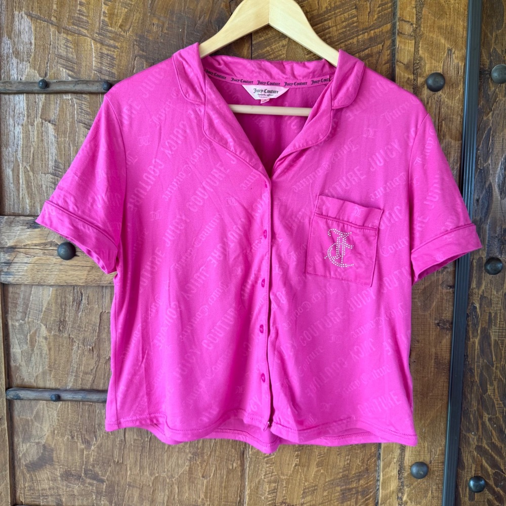 Juicy Couture Bling Iconic Pajama Top Womens Medium Pink Button Front Y2K Glam